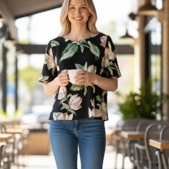 Anthropologie Postmark Small Top Floral Zipper Detail Green White Tropical - Picture 1 of 8